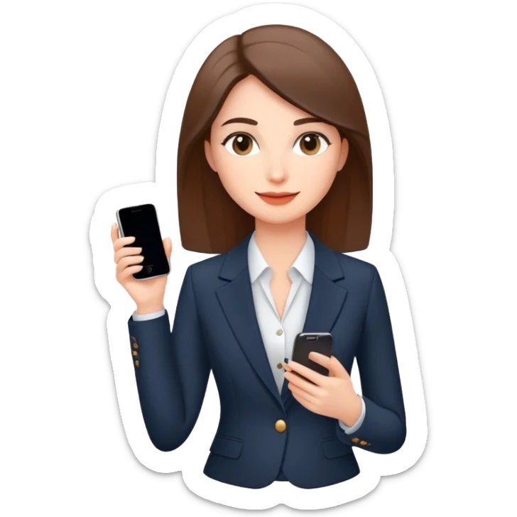 a woman in an elegant classic suit with a slight smile. Her makeup is natural, and she looks busy, for example, holding a phone in her hand. sticker