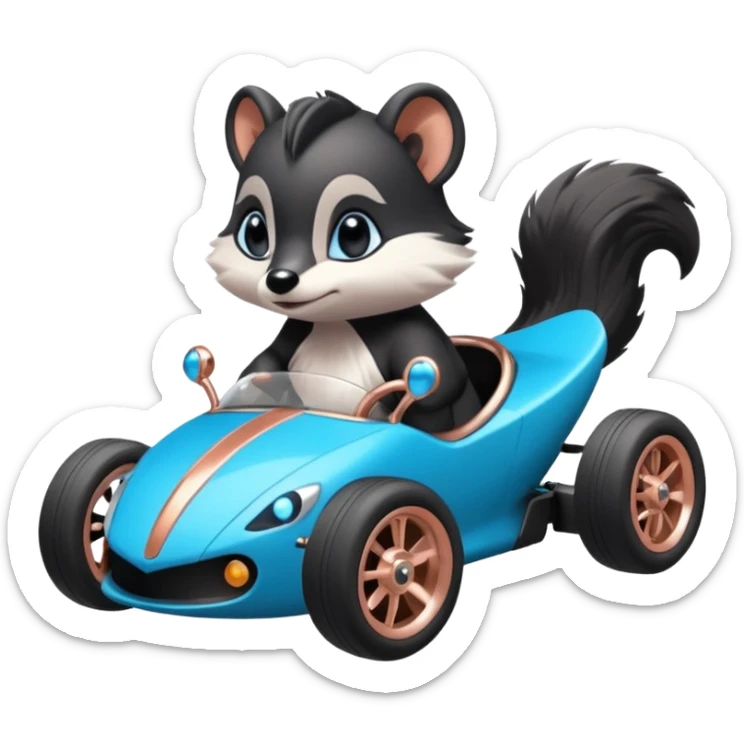 dark crystal blue and rosegold-accented faceted-body electric racing car driven by a small cute but fearless baby skunk with rear spoiler, roll bar, and wheely bar sticker