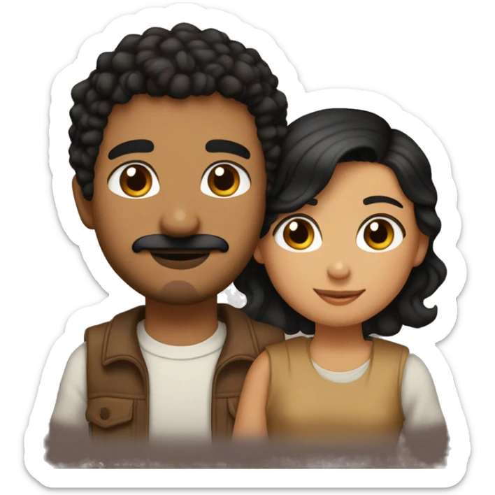Girl with black hair, hazel eyes and tan skin hugging a boy with tan skin, brown curly hair, brown eyes and a mustache and goatee sticker