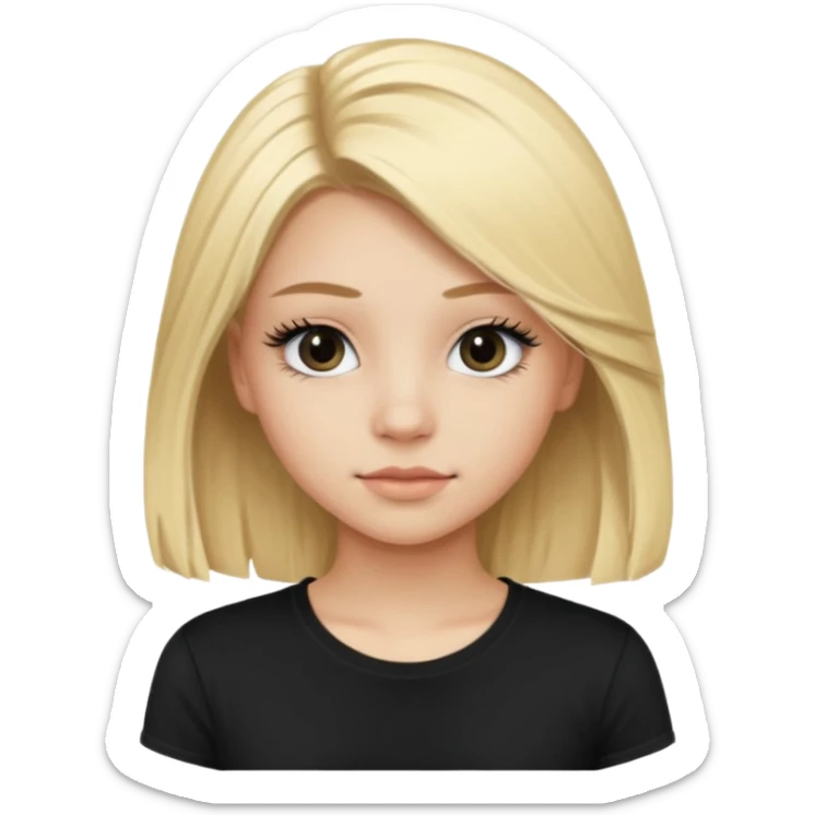 Fille jolie de 15 ans blonde aux cheveux longs avec des faux cils et un t-shirt noir sticker