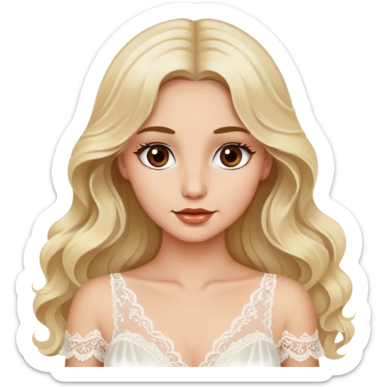 Blonde model with brown eyes, long wavy hair, honeymoon, white silk and lace dress sticker