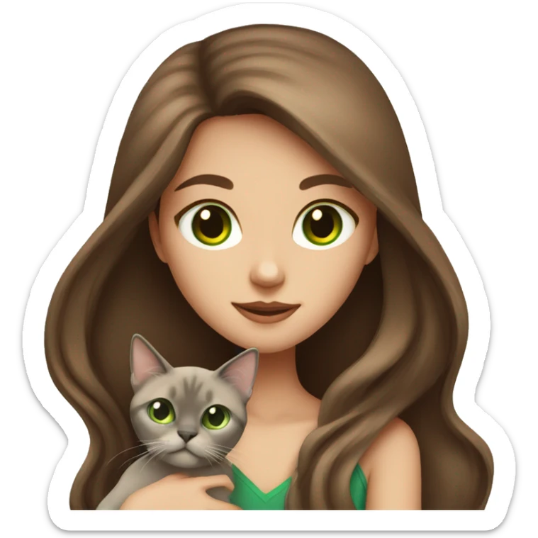 Girl with long brown hair and green eyes holding a Siamese cat  sticker