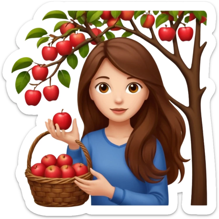 Attractive Girl with long brown hair picking an apple off a tree with a basket of apples sticker