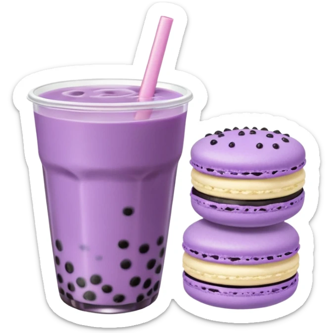 purple boba tea emoji with a macaron next to it, no facial features, minimal and rounded sticker