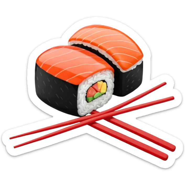 Japanese cuisine humanless avatar in minimalist emoji-style illustration. Sushi, roll and 2 chopsticks, clean lines, red white colors, flat design, calm and modern. sticker
