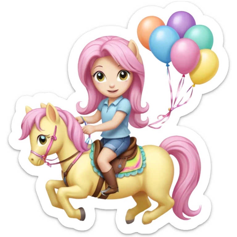 fluttershy mlp holding colorful balloons tied to its saddle, looking cheerful. sticker
