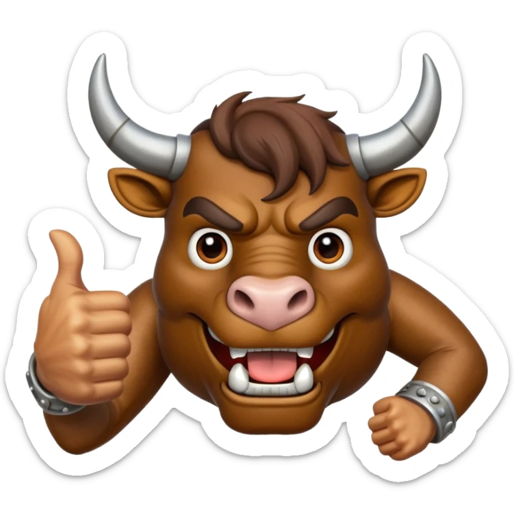 Emoji of an iron horseshoe with an angry powerful bull in the middle showing a thumbs up (Likes) sticker