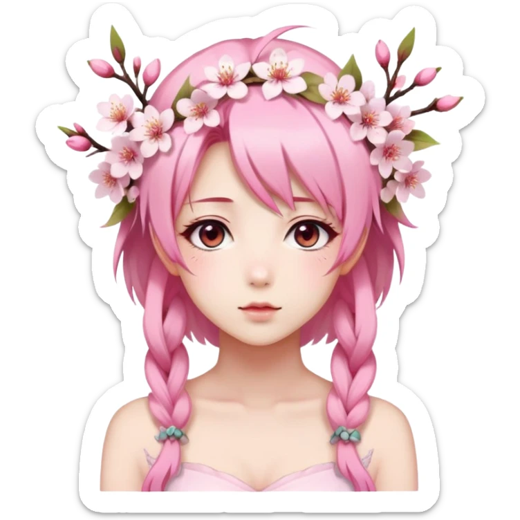 A Gorgeous Beautiful Anime Lady with a Sakura Cherry Blossom Headdress and Pretty Hair, pastelcore aesthetic  sticker