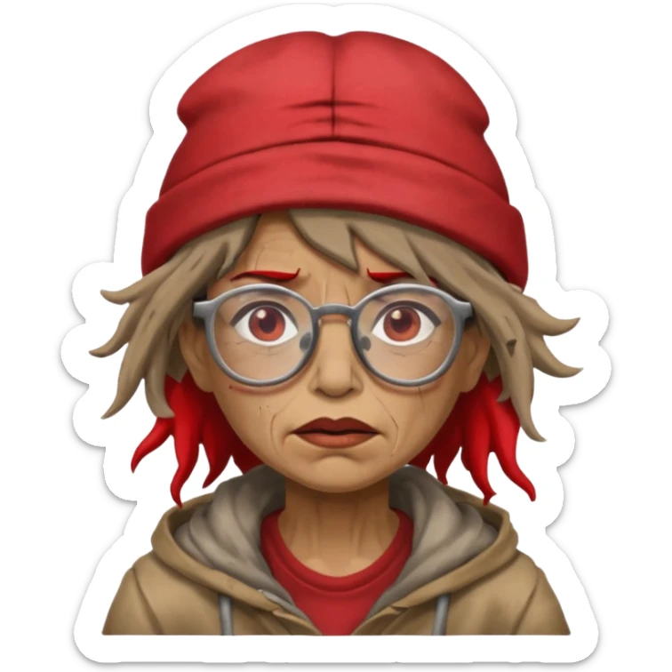 very dirty looking homeless woman with ripped red hat with ugly hair and glassess sticker