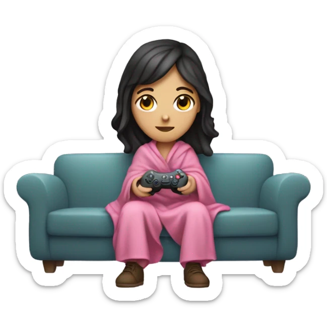 White girl with dark hair wrapped up in a blanket sitting on a couch with a pink gaming controller in her hands sticker