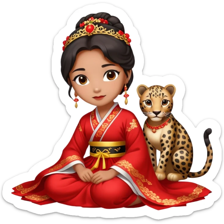 A beautiful girl in red Hanfu wedding dress sits on the ground holding a black leopard sticker