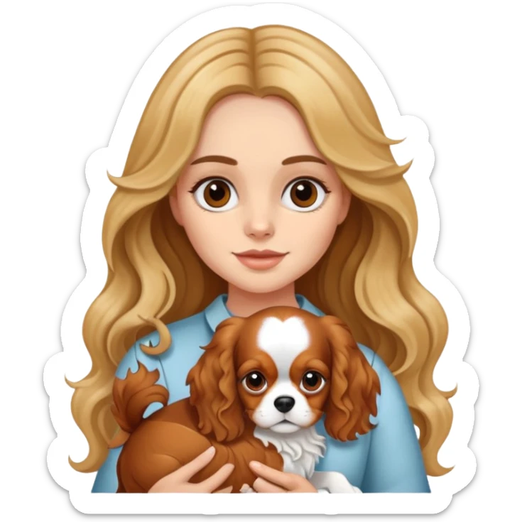 Girl with fair skin, long and brunette wavy hair with blonde highlights, holding a cavalier king dog sticker