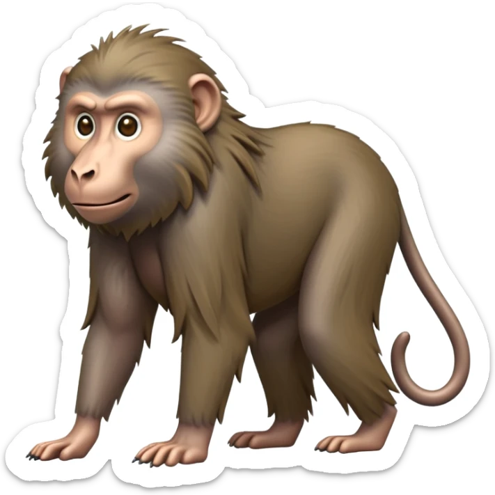 cinematic-hairy baboon-full-body-standing on all fours-emoji,-head-tilted-dramatically,-thick-grey-and-brown-fur,-simplified-yet-realistic-focused-features,-highly-detailed,-glowing-with-an-almost-sarcastic-glow sticker
