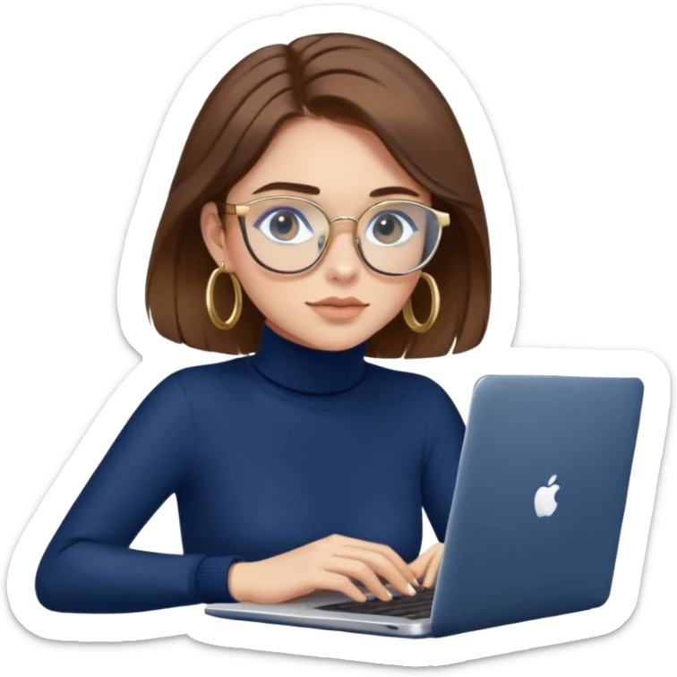 Girl with brown hair, navy blue turtleneck, gold hoop earrings, blue light glasses, working on laptop sticker