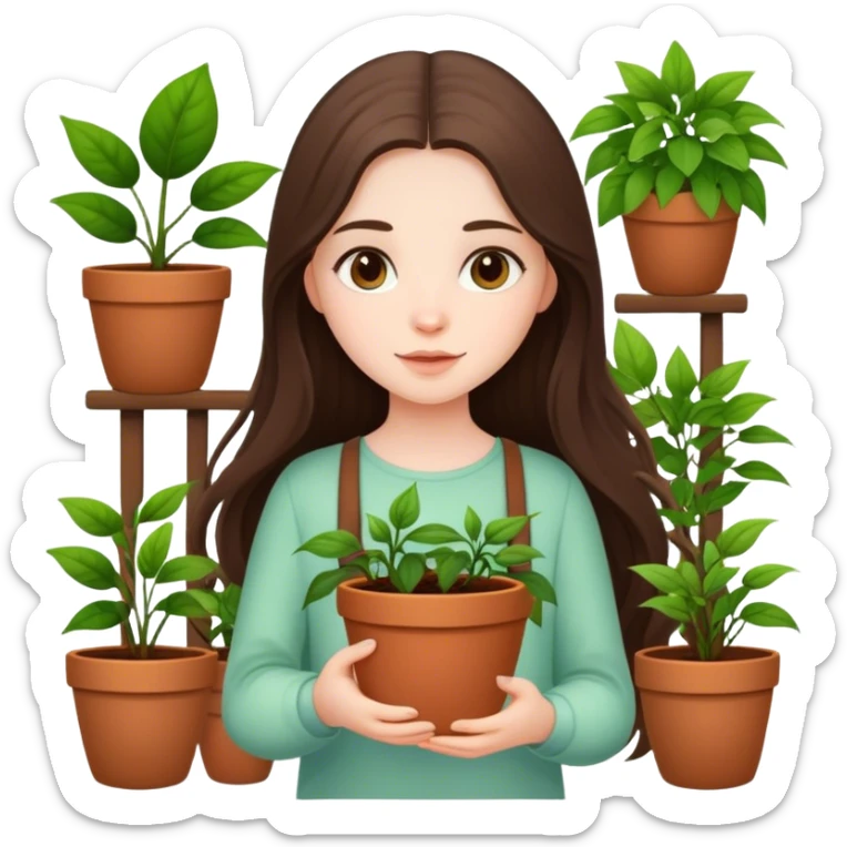 beautiful pale brunette girl with long hair holding plants in the pots sticker