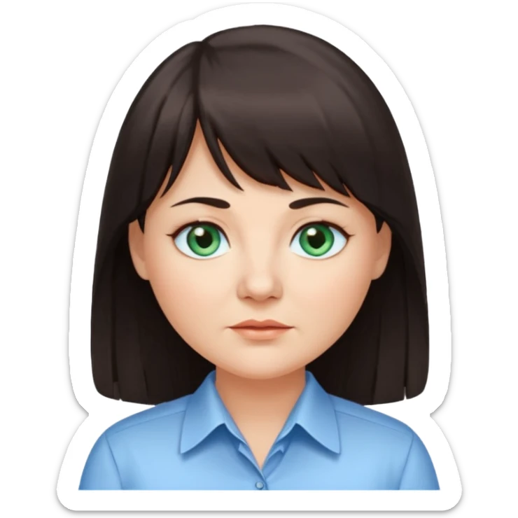 50 yr old woman, blue green eyes, long straight dark brown hair, business shirt, chubby, bangs sticker