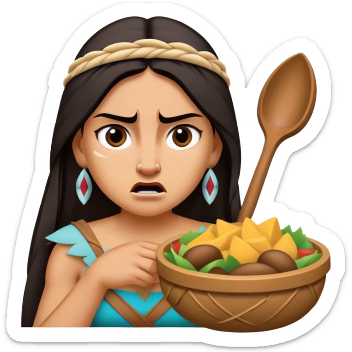 Cinematic Funny Pocahontas Portrait Emoji, Looking bewildered as Meeko steals her food, one brow raised in playful frustration, a warrior princess caught in a hilariously relatable moment, wild yet endearing! sticker