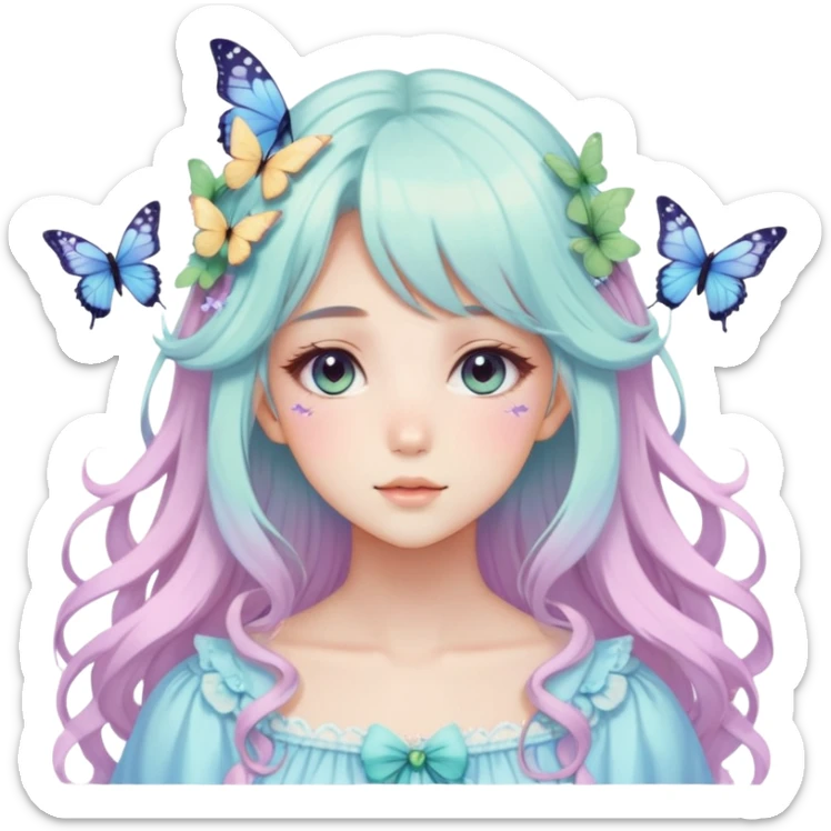 gorgeous anime pastel lady with butterflies and beautiful hair fairycore cottagecore sticker