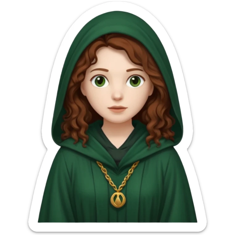 A white woman, a little heavier face, with long dark auburn hair robed and hooded like she's a Traitor in the tv show The Traitors. her hair is slightly curly, but kinda frizzy, not with defined curls, and the robe is a very dark green color sticker