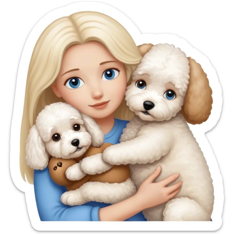 Blonde blue-eyed long-haired mother hugs two dogs-a Bichon Frise and a Teddy sticker