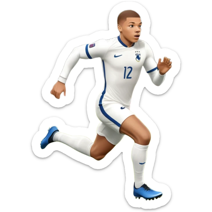 An icon showing Kylian Mbappé running with the ball on a football field during a match. The design captures his speed and focus, with dynamic motion lines and a vibrant background of the field and stadium lights. Transparent background emphasizes the action. sticker