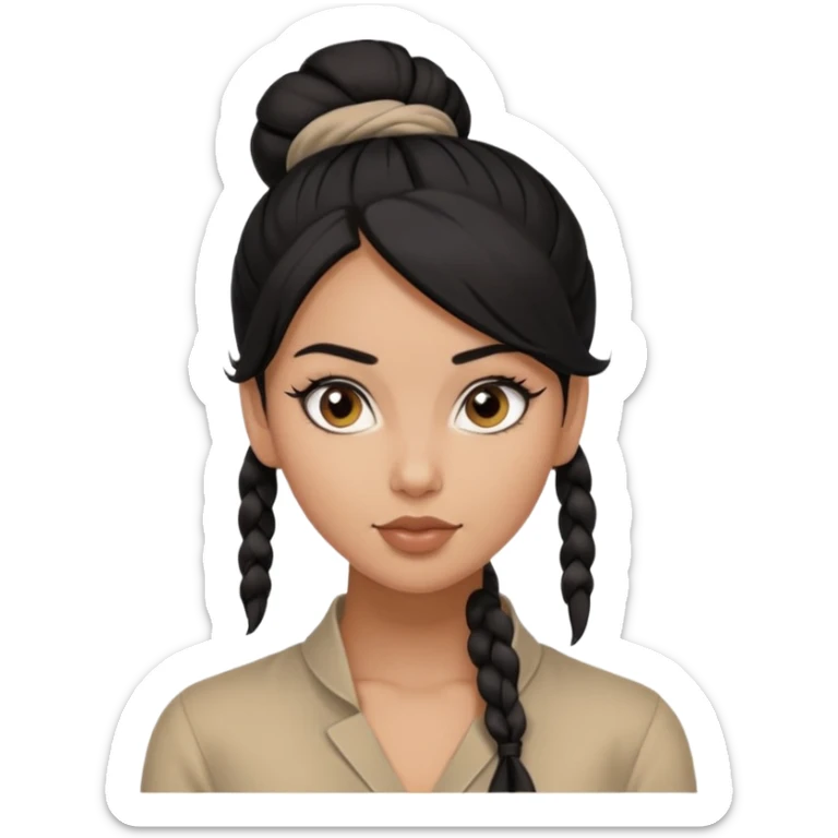 A woman in tan skin, black hair shoulder length tied in half bun, beautiful eyes and flirty gaze with masculine fashion sticker