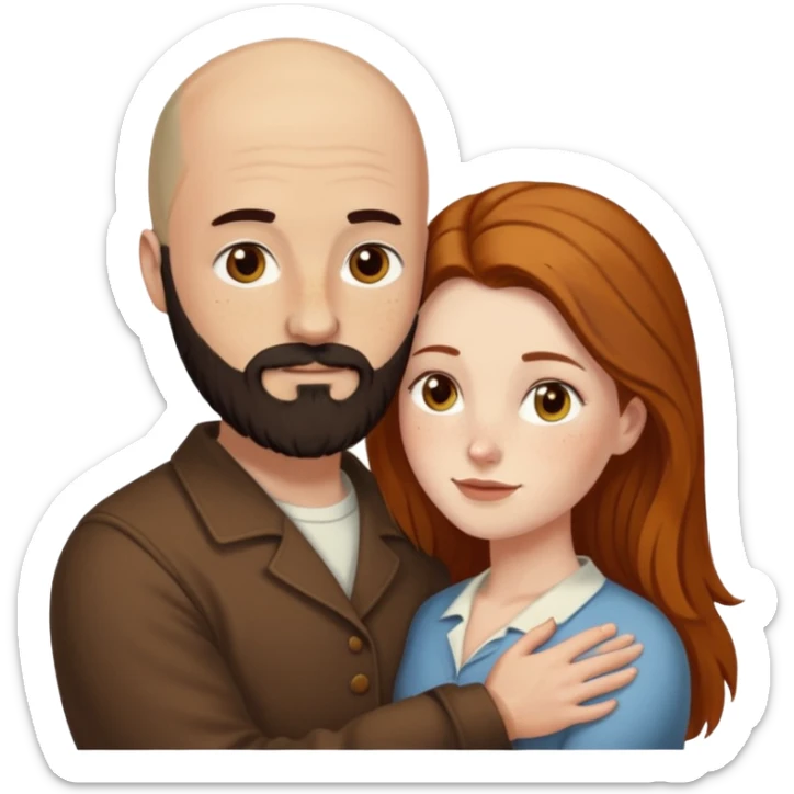 Couple. Bald man with dark brown-black beard. White woman with many small, faded freckles, she has white skin and she has auburn-yellow-brown-cinnamon, dark long hair. She has light brown eyes. The man have hazel eyes. Retro style. They hug. sticker