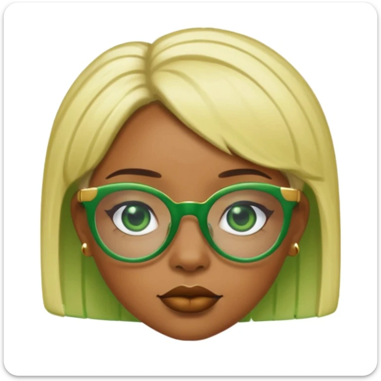Caramel skin black woman 52 with green glasses that have gold edges and very blonde hair that’s very short but still puffy and small sticker