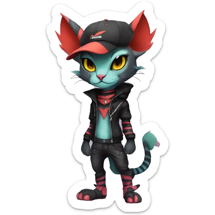 Cool Anthro Noivern-Litten-Sphynx-Pokémon with edgy stripes collar punk techwear Cap hat Full Body sticker