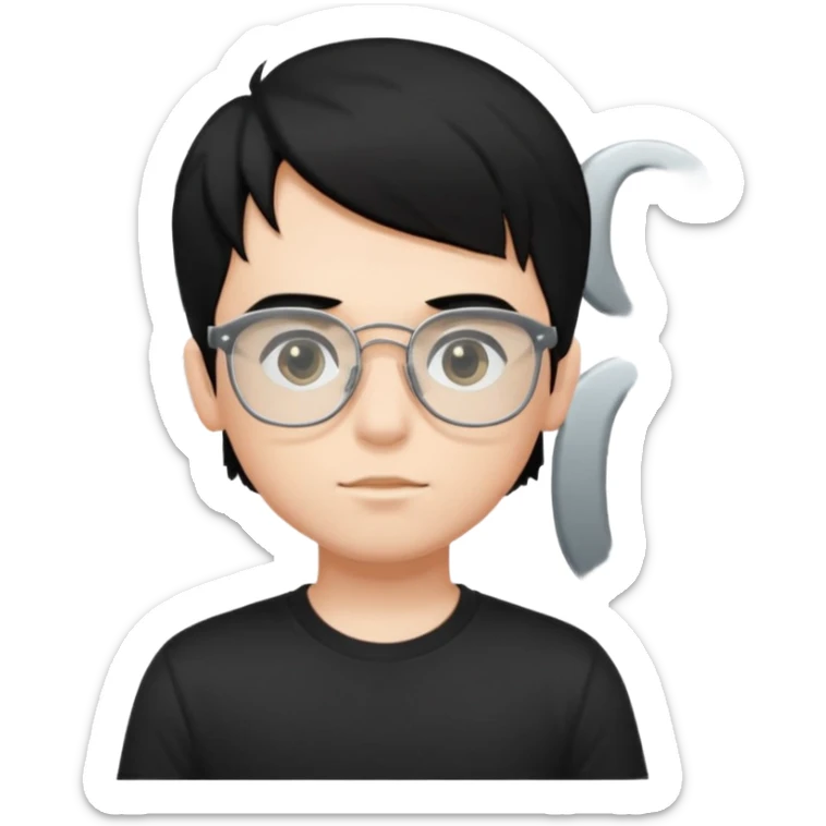 a boy wearing black t-shirts with the letters 'EDG', has fluffy short black hair and silver rectangular glasses sticker