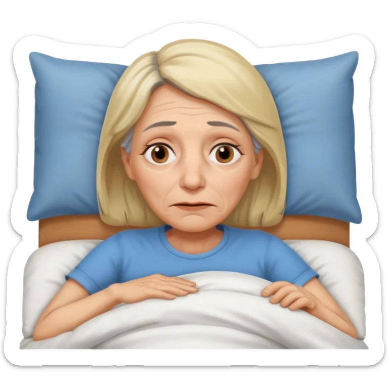 A 55-year-old woman lying in bed. She looks exhausted and desperate, with visible dark circles under her eyes, tired facial expression. sticker