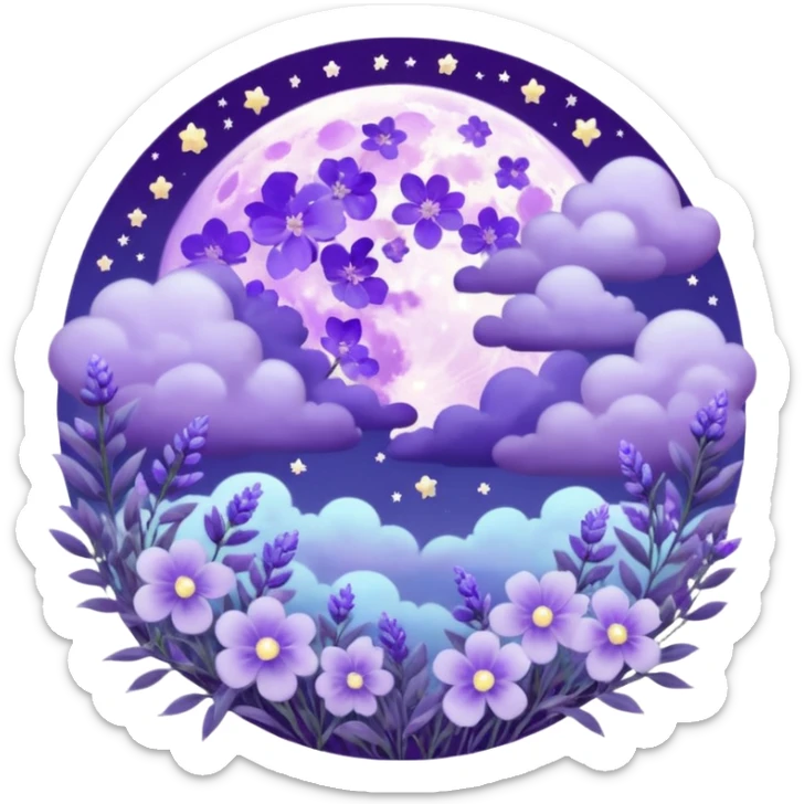 Beautiful poetic ethereal romantic magical aesthetic sparkly glittery shiny pretty floating pastel lilac lavender Violet full moon and flowers and leaves aesthetic pastel clouds scenery  sticker