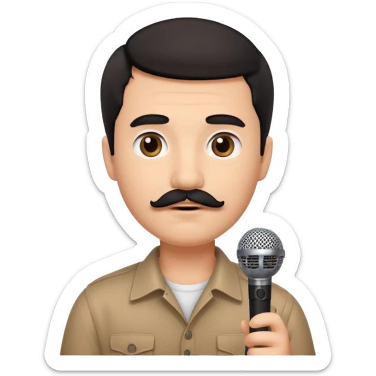 portrait of a man with mustache and short hair, emotional eyes, holding a microphone, simple and clear, no background, Apple emoji style sticker