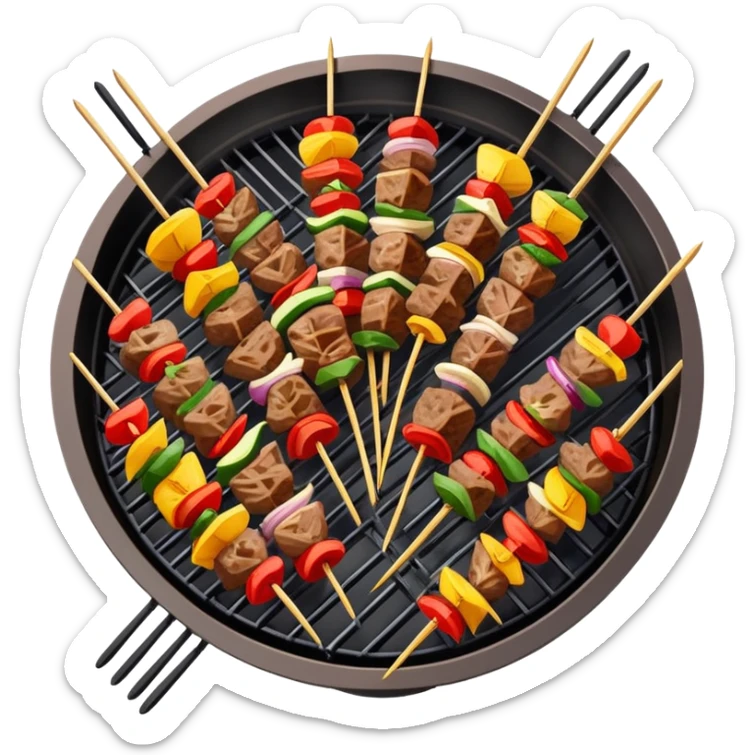 Skewered lamb kebabs with spices on grill, simplified emoji style with bold outlines and bright colors, cartoon style Chinese street food Yangrou Chuan sticker