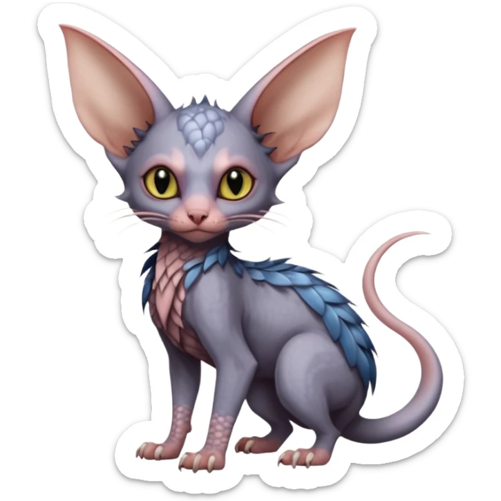 Furry, fluffy feathery scaly, Minccino-Sphynx-Lykoi-Bat-fusion-hybrid-animal-Fakémon-creature, full body, thin long sleek scaly tail, intricate markings sticker