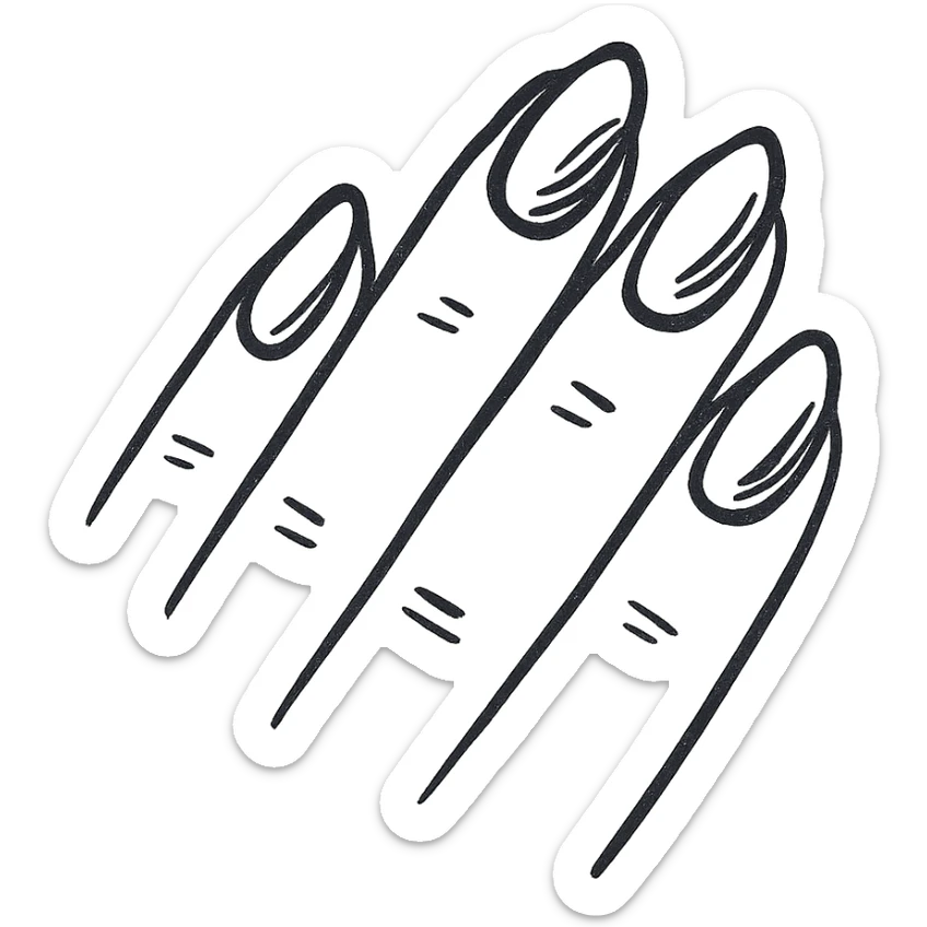 Draw almond-shaped nails on all fingers, with a more refined, filled-in style (not just outlines). Add soft shadows and highlights to give the nails a dimensional, polished look, but keep the overall style consistent with the original illustration. sticker