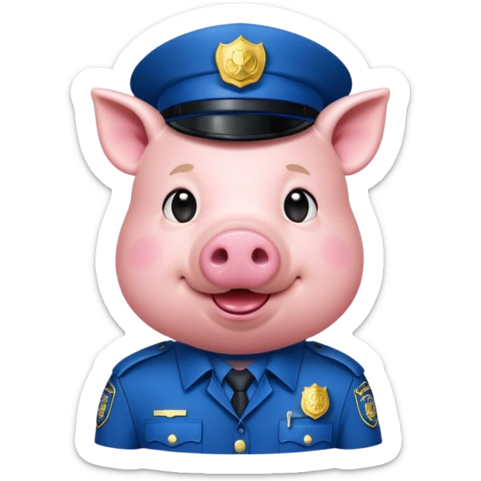 a pig, upright, in a police officer uniform, drooling and looking to the bottom left sticker