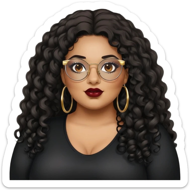 big plus size, latina, darker tan skin, gold hoops, long black curly hair, baddie,pretty, makeup, dark red lipgloss, black eyeliner, long hair, black shirt, black glasses sticker