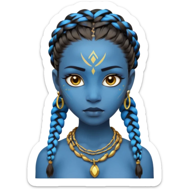 Create an icon of a Na’vi-inspired female character with glowing blue skin, braided hair, tribal forehead markings, large expressive eyes, gold earrings, and a rope necklace with a golden pendant. The expression should be calm and serious, matching the style of the movie Avatar sticker