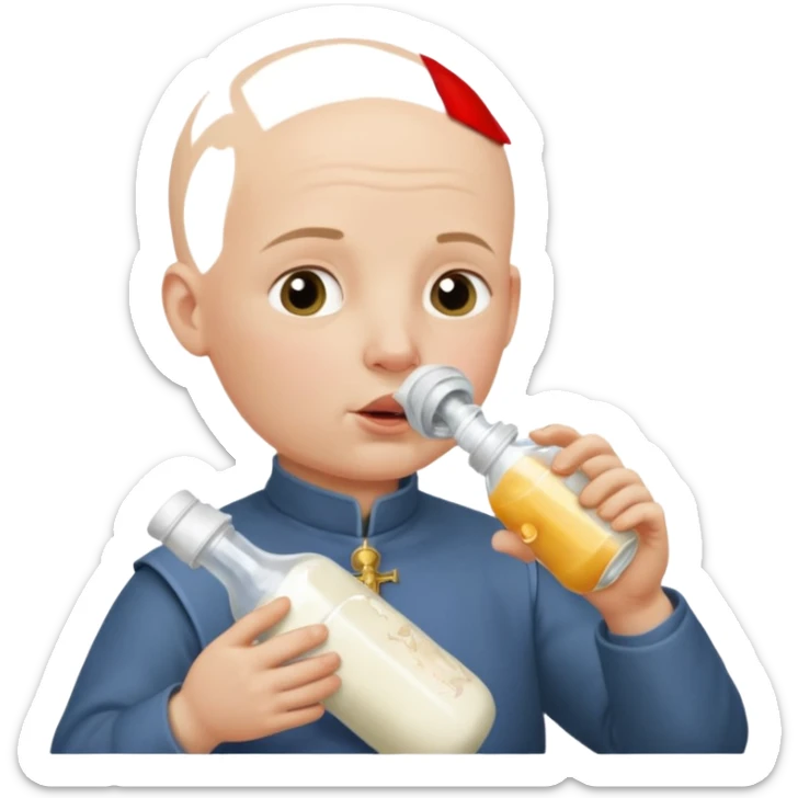 Un homme avec une calvitie cheveux ras boit un biberon  avec Jeanne d’arc dans le biberon  sticker