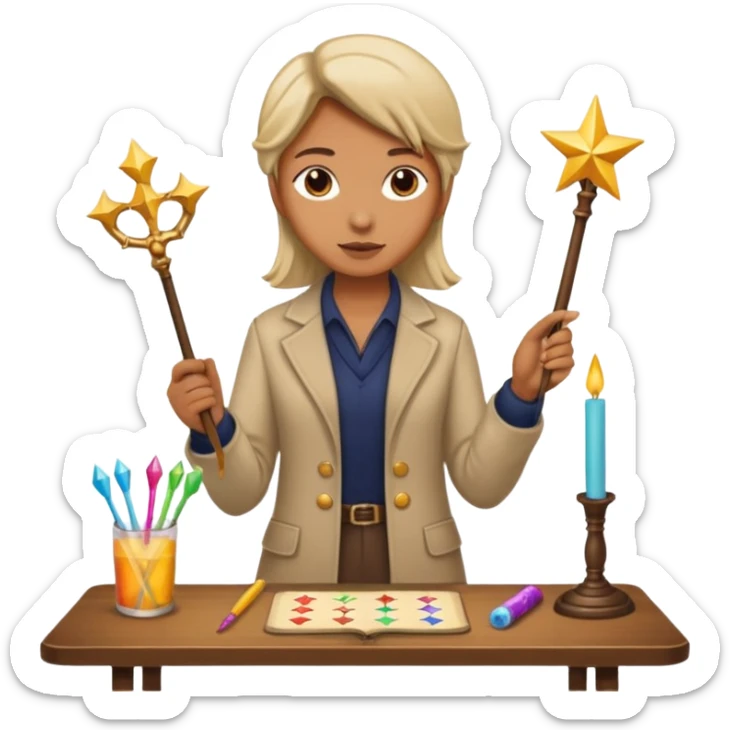 The Magician tarot card emoji inspired by Rider Waite Smith deck, figure holding wand, table with symbols, concise and colorful sticker