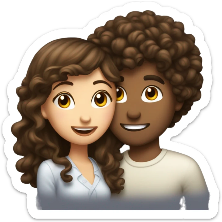 brunette girl kissing curly hair brune guy on the cheek sticker