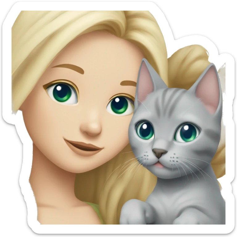 blue eyes grey kitten and green eyes blonde girl are friends sticker