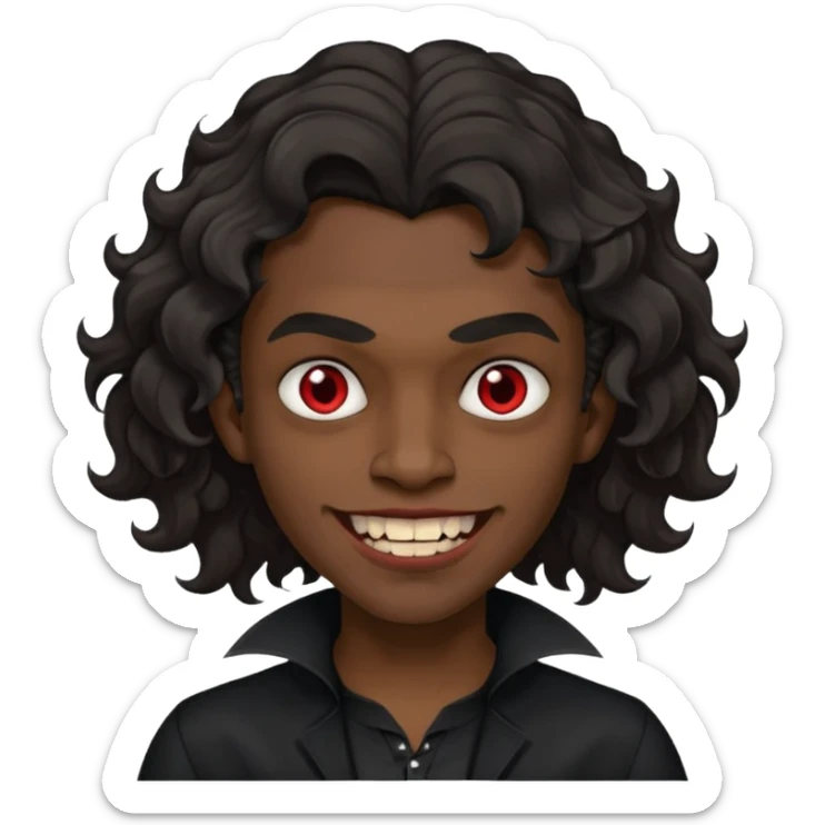 black skinned person with a black shirt on make the haircut have waves with vampire teeth sticker