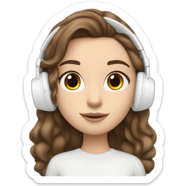 brunette white girl with long hair listening to music with her phone in her hand with white AirPods  sticker