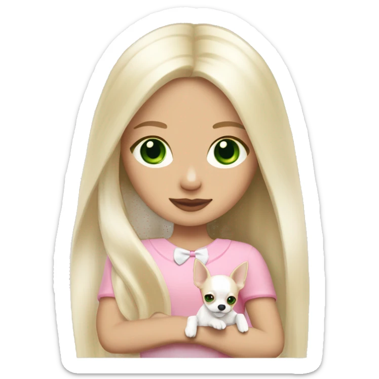 pale blond girl with long platinum hair with green eyes holding a white chihuahua puppy that wearing a pink bow sticker
