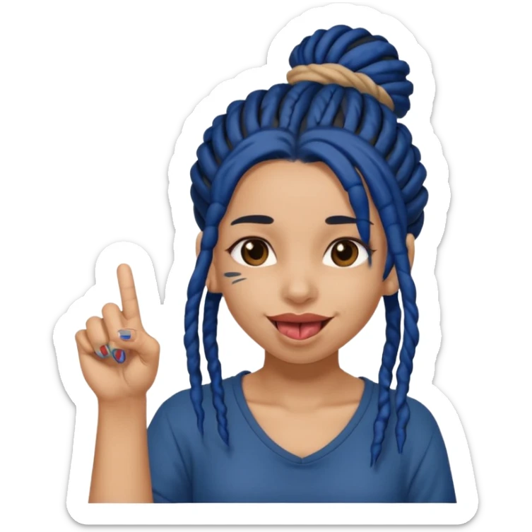 light brown girl with dark blue dreads in a bun with tongue out giving middle finger sticker