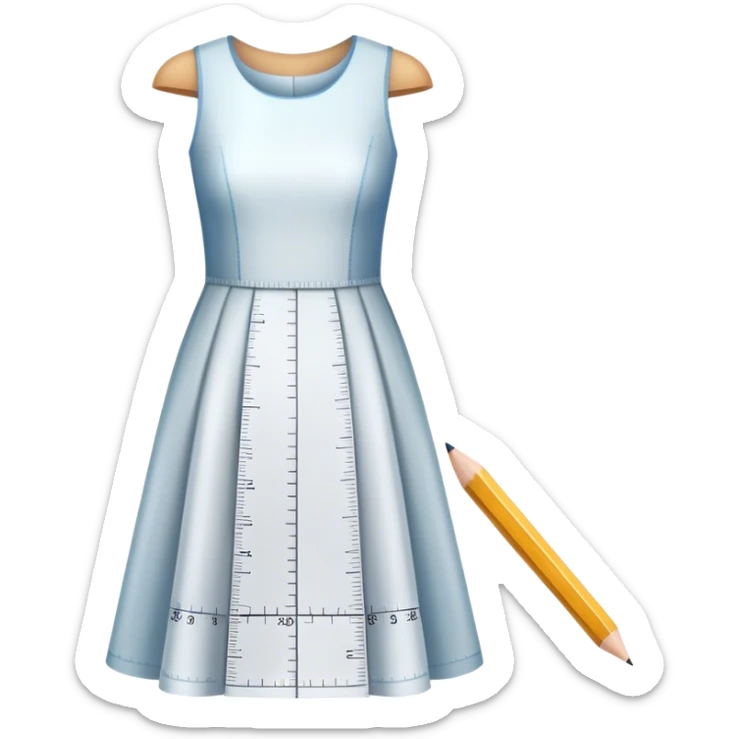 Icon for Fashion Design: a dress pattern with measurements, a ruler, and a pencil. The icon should represent the process of designing clothing with a focus on precision and tailoring. Transparent background. sticker