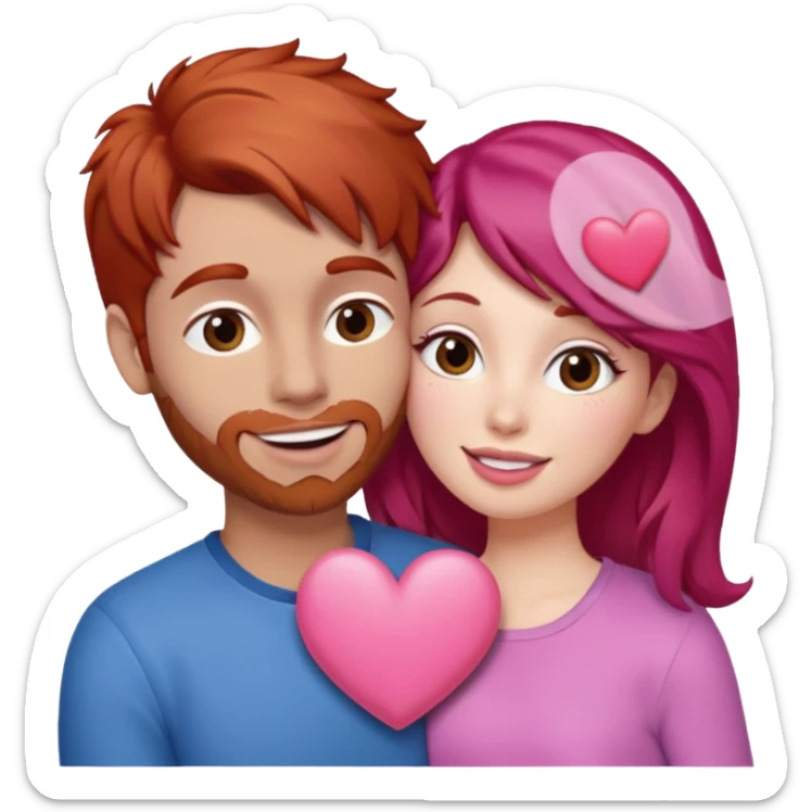 mujer pelirroja y hombre con pelo café haciendo cara de beso pero con un corazón entremedio sticker