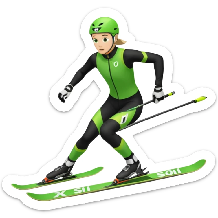 Xc ski racer in green and black clothing. Full body, skate skiing uphill sticker